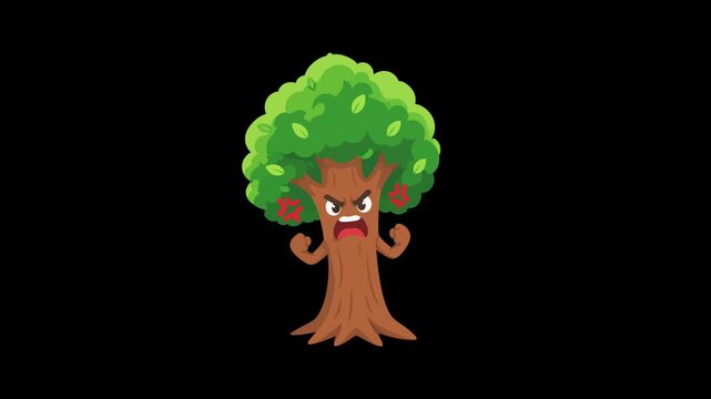 Angry tree animated nature mascot character shaking clenched fists with furious facial expression on 4k black screen background.