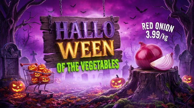 Halloween vegetables sign with red onion and pumpkin cart in spooky