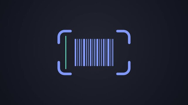 Dark mode barcode scanning frame with laser line sweeping then turning green with check, barcode scanner animation