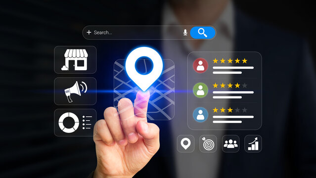 Local SEO, location based marketing strategy, customer engagement, smart navigation for local businesses. Businessman touching map location with digital marketing icons on virtual screen