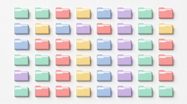 Grid of colorful folder icons on white background, file organization, data management, cloud storage concept, archive system, digital filing cabinet, administrative task, computer
