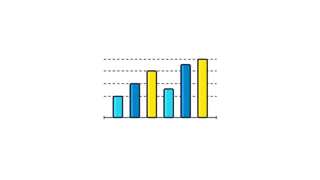 Minimalist 2D animated bar charts in blue and yellow showing fluctuating data trends on a clean white background with grid lines. Ideal for corporate financial reports or business presentations.
