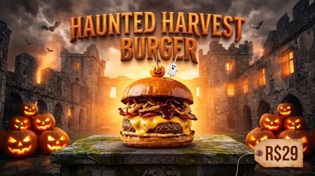Haunted harvest burger with jack o lanterns at a spooky castle stone