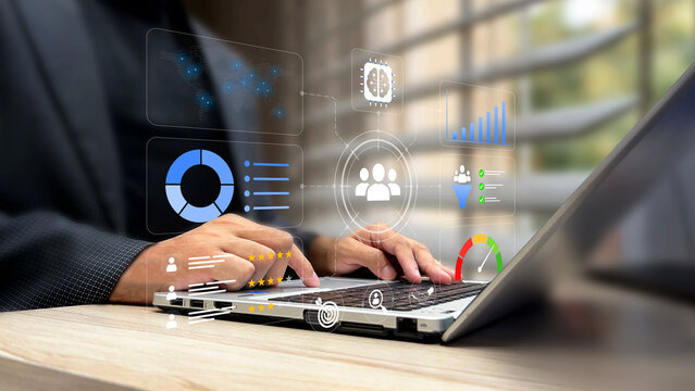 Business professional using AI tools for customer targeting, data analytics in digital marketing. Audience insight, performance metrics, data visualization dashboard for strategic marketing decision