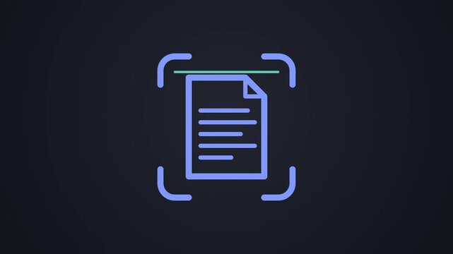 Dark mode document scan frame with scan line passing over page then turning green with check, document scanner