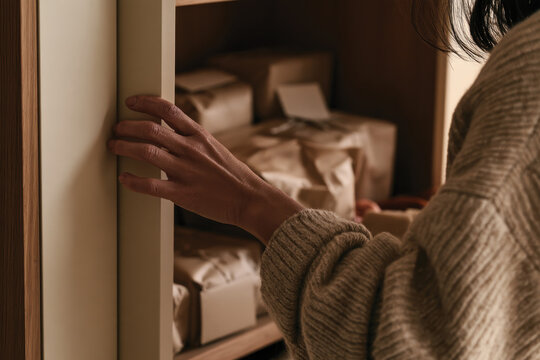 A person's hand is seen reaching for neatly wrapped packages on a shelf, highlighting the warmth and excitement of gift-giving in a cozy home atmosphere.