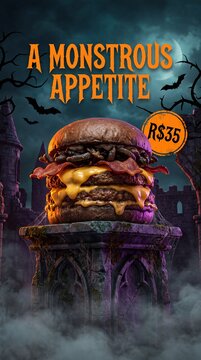 Monstrous appetite burger with bacon and cheese on a spooky castle