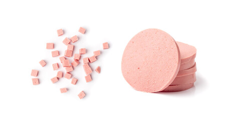Diced Mortadella Slice Isolated, Luncheon Meat Cut, Chicken Ham Cubes, Boiled Sausage for Breakfast © ange1011