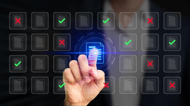 Data analyst using virtual screen to filter approved and rejected files on database. File management system, data sorting and organization for business, document processing concept. 4k footage