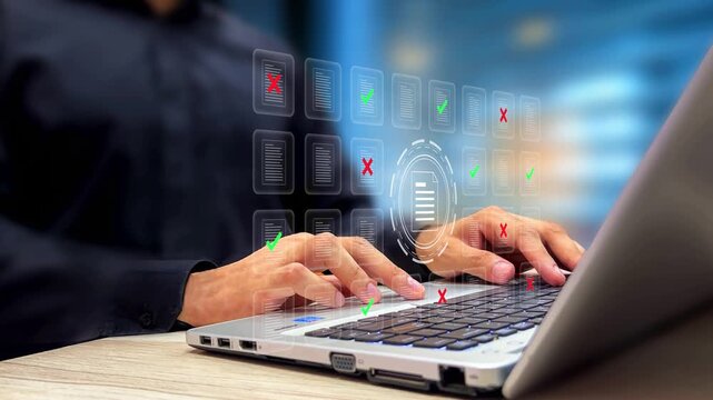 Data analyst using laptop virtual screen to filter approved and rejected files on database. File management system, data sorting and organization for business, document processing concept. 4k footage