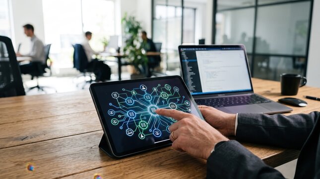 Business professional interacting with a tablet displaying a complex neural network graph and data connections, working in a bright open-plan office environment with colleagues in
