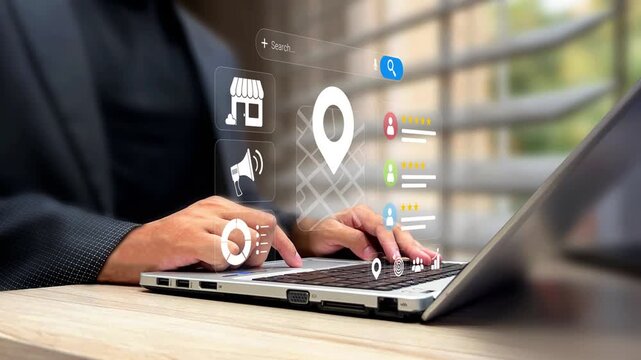 Local SEO, location based marketing strategy, customer engagement, smart navigation for local businesses. Businessman using laptop map location, digital marketing icons on virtual screen. 4k footage