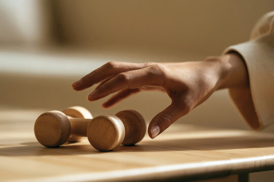 A close-up scene captures a woman reaching out towards a pair of sleek wooden dumbbell weights, emphasizing strength and dedication to fitness in a serene and minimalistic space.