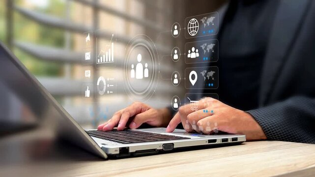 Business professional reviewing performance metrices and data analytics on virtual screen. Digital data visualization, charts, performance metrices, modern technology, data driven decision. 4k footage