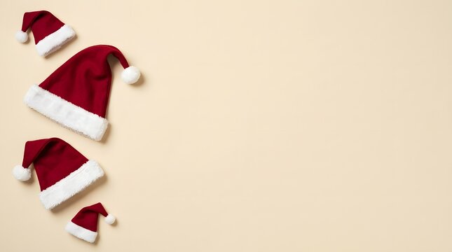 A festive and joyful christmas scene featuring a cascade of santa hats perfect for holiday greetings and seasonal designs