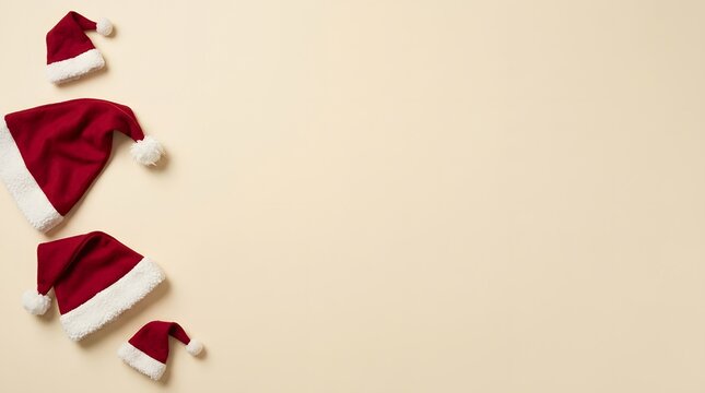 Festive christmas background with scattered santa hats perfect for holiday greetings and seasonal decorations and winter celebrations