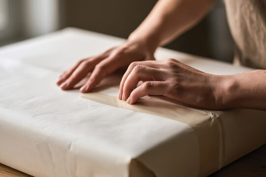 A person delicately applies tape to wrapped paper over a gift, demonstrating care, attention, and love put into the art of gift giving for special occasions.
