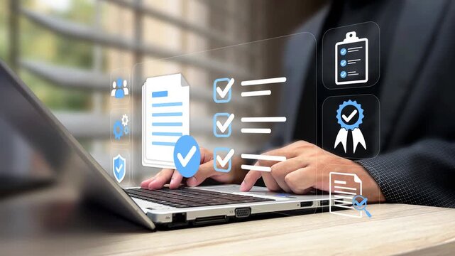 Person using laptop with verified files. Document verification approval process, compliance checklist, check marks, certificate, review forms, quality control, audit process, business assurance. 4k