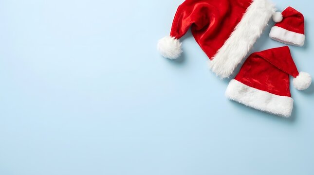 Festive christmas background with red ribbon santa hats and a light blue backdrop for holiday celebrations and seasonal greetings