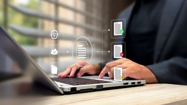 Person using AI-powered file management system on a laptop, filtering approved, rejected, and suspicious files in cloud storage. Scanning documents with AI system, data security concept. 4k footage