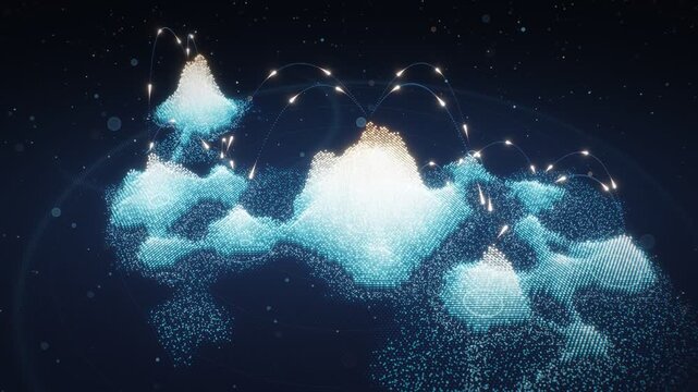 population density dots 3d map scattered people dots assembling into glowing stacked dot towers with migration arcs