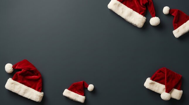 A festive and joyful christmas flat lay featuring scattered santa hats on a dark textured background perfect for holiday greetings