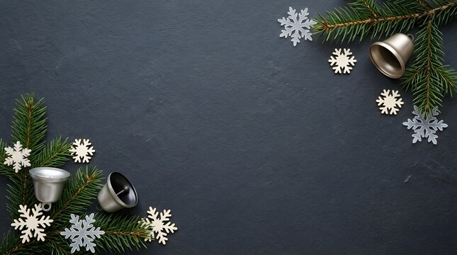 A serene and festive christmas background featuring elegant silver bells delicate snowflakes and lush evergreen foliage perfect for holiday designs