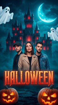 Halloween text with people ghosts and spooky castle under a crescent