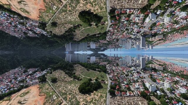 A high-angle aerial image showing a bustling city with high-rise buildings in kaleidoscopic reflection view