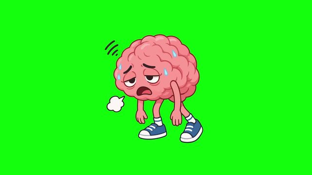 Exhausted brain animated mental health character sweating and breathing heavily in burnout fatigue on 4k green screen background.
