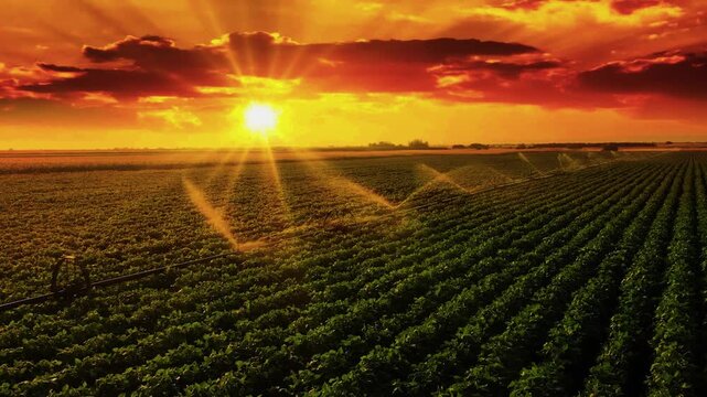 High angle drone perspective captures circular watering machinery, lush plantation rows, and twilight glow.