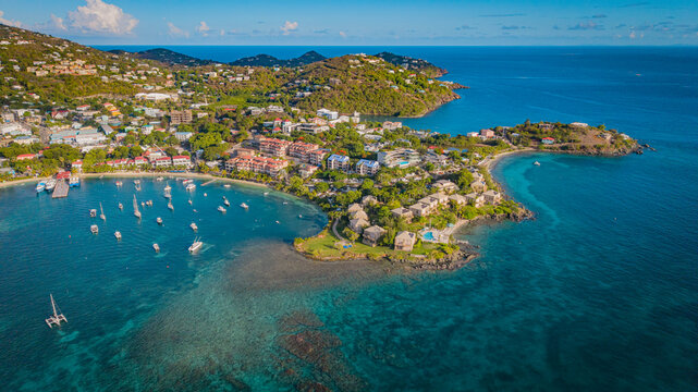 Aerial view of the lively harbor and coastal town of Cruz Bay on St John.