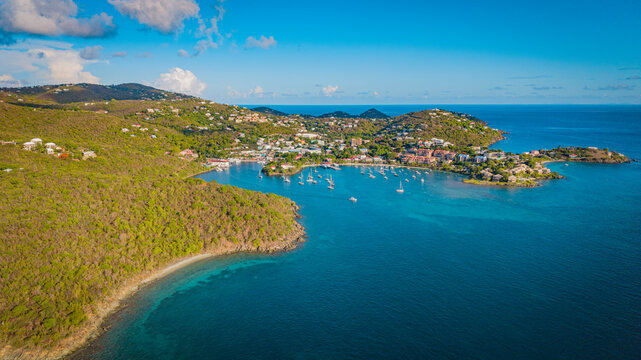 Aerial panoramic view of boats anchored in Cruz Bay on St John island.