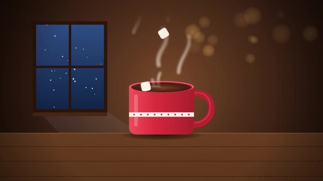 Cozy Hot Cocoa Mug with Marshmallows and Rising Steam in Warm Winter Room
