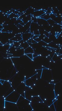 Glowing points and fine blue strands drift through dark space as a seamless vertical plexus loop, a clean digital backdrop for app promos, crypto content and tech story ads.