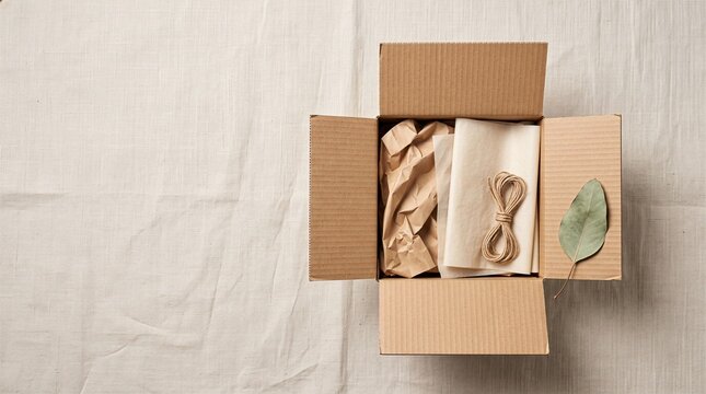 Eco Friendly Cardboard Shipping Box With Kraft Paper Flat Lay