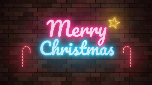 Neon Merry Christmas Sign on Brick Wall with Glowing Star and Candy Canes