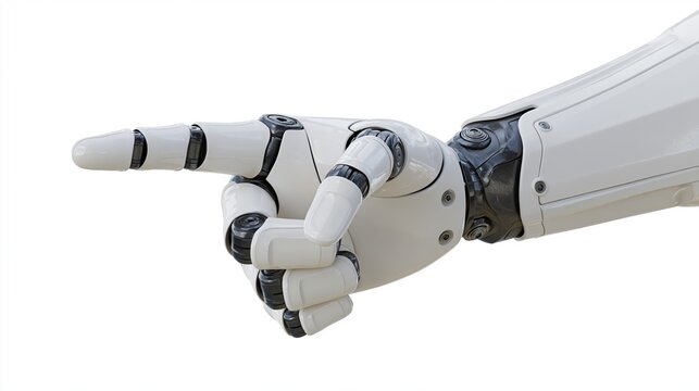 Robotic arm with extended index finger pointing against white background