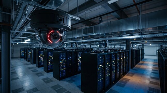 Spherical security camera with glowing infrared LEDs on a ceiling overlooks a vast data center of black server racks with blinking lights