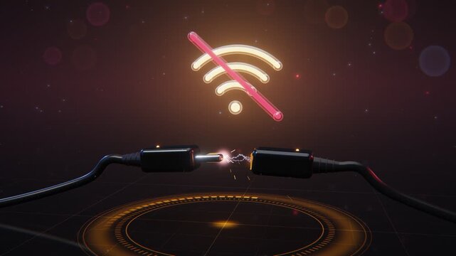 Connection Lost Screen 3D Animation Unplugged Network Cable and Disconnected WiFi Seamless Loop