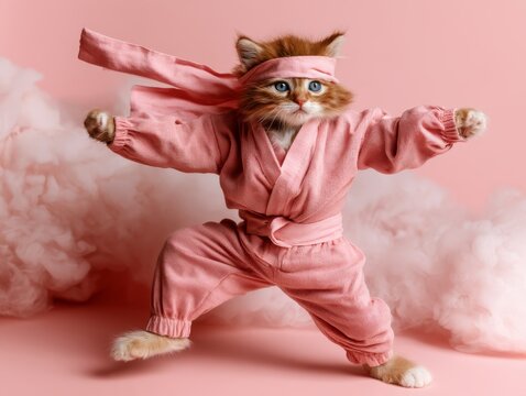A cute baby kitten with little paws, stretched out in playful kung fu pose