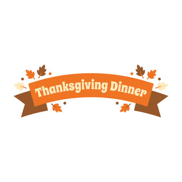 Thanksgiving dinner banner decorated with dry autumn leaves and ribbon celebration illustration