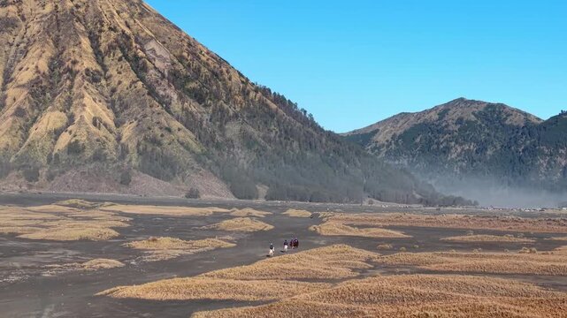 Vast volcanic plain under clear blue sky. Dust drifts across barren, golden earth near Bromo
