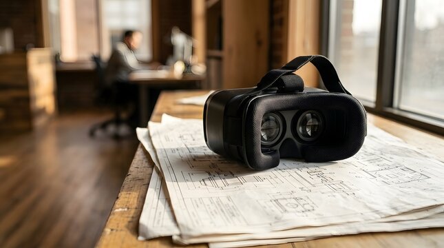 Virtual reality headset placed on architectural blueprints in office