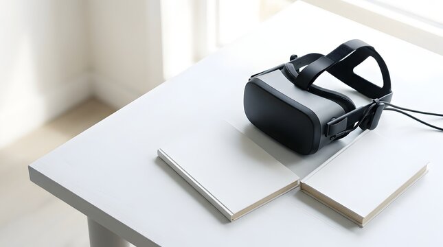 Virtual reality headset with blank notebooks on a white desk