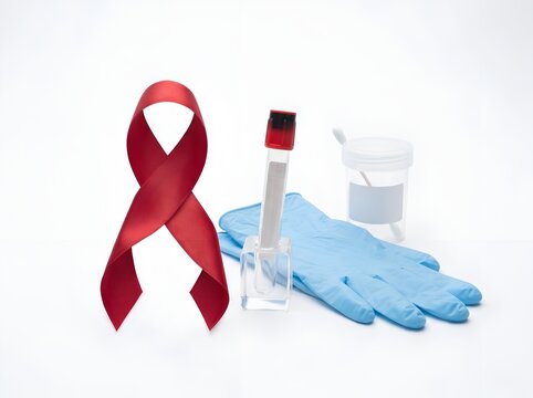Red ribbon, medical test tube, gloves, and specimen cup on white background - HIV/AIDS awareness concept
