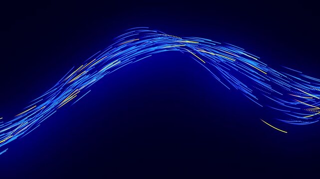 Abstract flowing gradient wave lines in blue and yellow on a dark background, creating an elegant, futuristic design with glowing curves Wave motion seamlessly loopable. Data visualization
