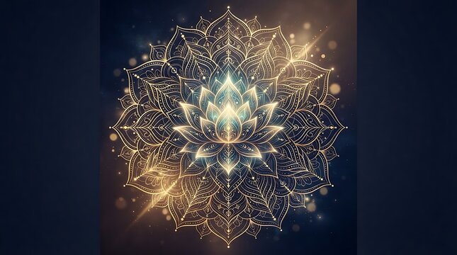 Golden Glowing Lotus Flower Mandala Pattern with Sacred Geometric Lines and Sparkling Bokeh Effect on Dark Background