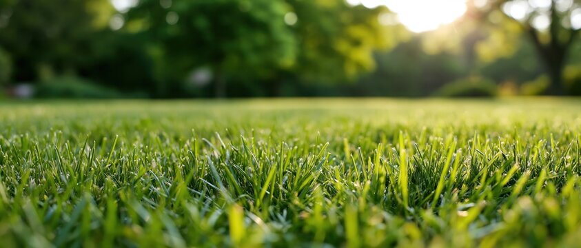 Close ground-level view of freshly cut green grass in a sunlit park setting