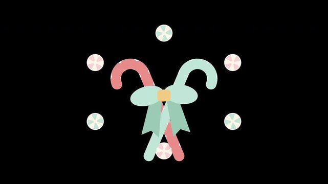 Crossed pastel candy canes framed by orbiting peppermint swirl candies and a center mint and gold bow against a festive backdrop